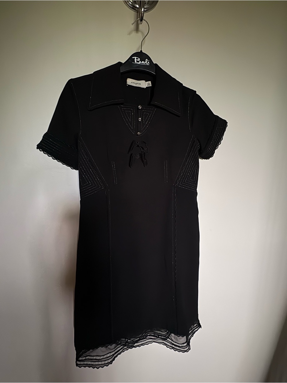 Coach Black Collared Short Sleeve Dress with Decorative Buttons